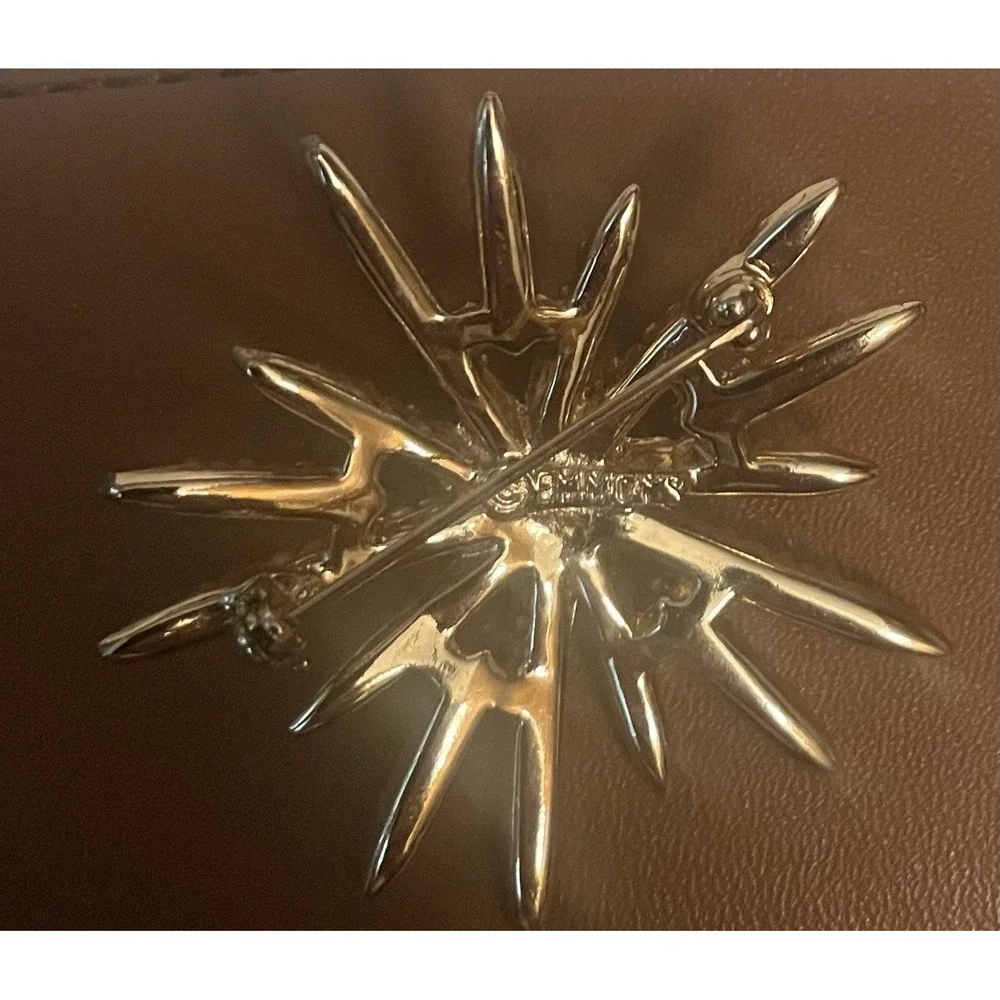 Vintage EMMONS Brooch Starburst AB Rhinestones & Faux Pearl Gold Tone Pin